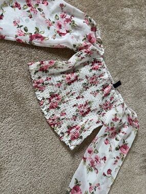 Windsor White Floral Smocked Off-Shoulder Top with Pink Roses